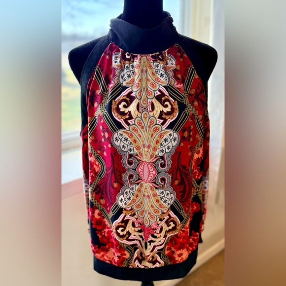 Jones New York Tops - Jones New York chic sleeveless halter mock neck red black gold dressy top Lg EUC